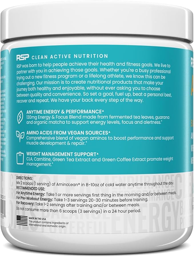 RSP Vegan AminoLean – All-in-One Natural Pre Workout Amino Energy Weight Management with BCAAs Complete Vegan Preworkout Powder Pineapple Coconut