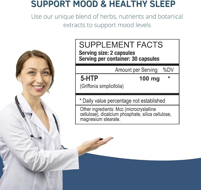 5-HTP Natural Mood &amp Sleep Support Supplement Capsules - Mood Support - Sleep Support - Serotonin Booster - Calming Effect - Natural Formula Griffonia Simplicifolia - 60 Caps