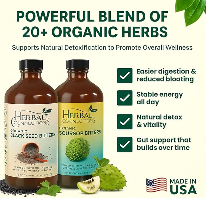 Herbal Connections Organic Soursop &amp Black Seed Bitters Bundle - Natural Plant-Based Ingredients for Gentle Detox &amp Digestive Health Two Bottles 32 Ounces (16 Ounces Each) 64 Servings