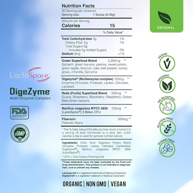 Blossom SuperGreens Probiotics – Digestive Enzymes &amp Pre/ProBiotics for Bloating Relief – 30+ SuperGreens &amp SuperReds to Boost Energy –Organic Gluten-Free No Fiber 0g Sugar Non-GMO (Origin