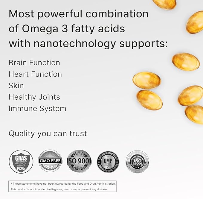 Granagard Nano Omega 3 Supplement for Women and Men – Fish Oil Softgels with Nanotechnology – High Potency EPA DHA Capsules – No Aftertaste – Easy to Swallow – 60 Count Bottle