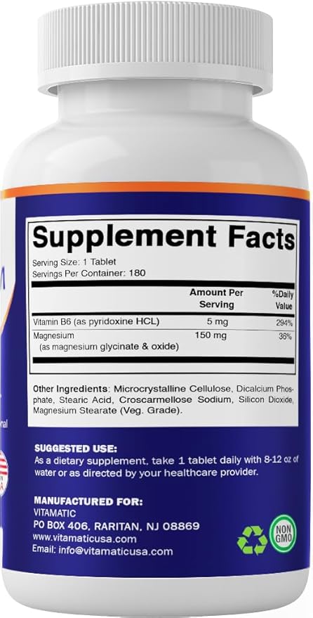 Vitamatic Magnesium with B6-180 Vegetarian Tablets (Uncoated) - Added B6 for Maximum Absorption - Supports Muscle Joint and Heart Health - 3 Pack