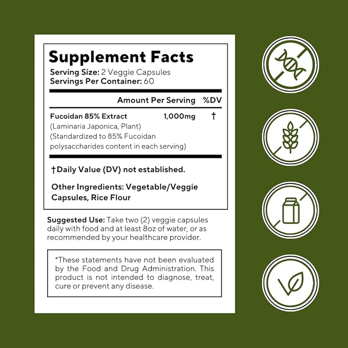 Vitapia Pure Fucoidan 85% Brown Seaweed Extract for Immune Strong Cellular Health Digestive Support - 1000mg Fucoidan Per Serving - 120 Veggie Capsules Non-GMO Gluten-Free Vegan-Friendly