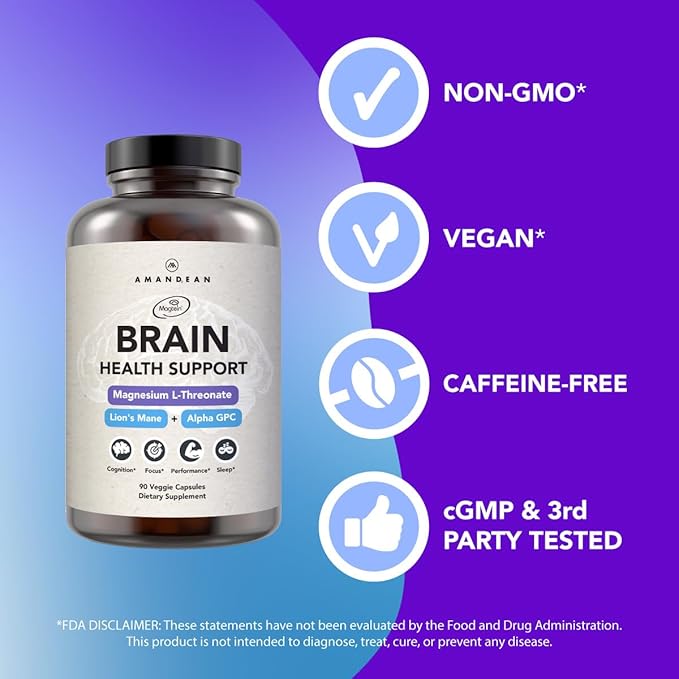 AMANDEAN Brain &amp Vegan Omega-3 Bundle: Magnesium Threonate USA-Grown Lion’s Mane 6:1 Alpha-GPC &amp Algae DHA/EPA. Plant-Based Essential fats for Brain Eye Heart &amp Skin Health. Fish Oil A