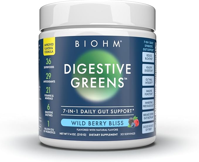 BIOHM Women's Probiotics 30B CFU &amp Super Greens/Kids Berry Blast Bundle: Gut &amp Overall Health Support 9 Strains 30-Day Supply Rich in Antioxidants
