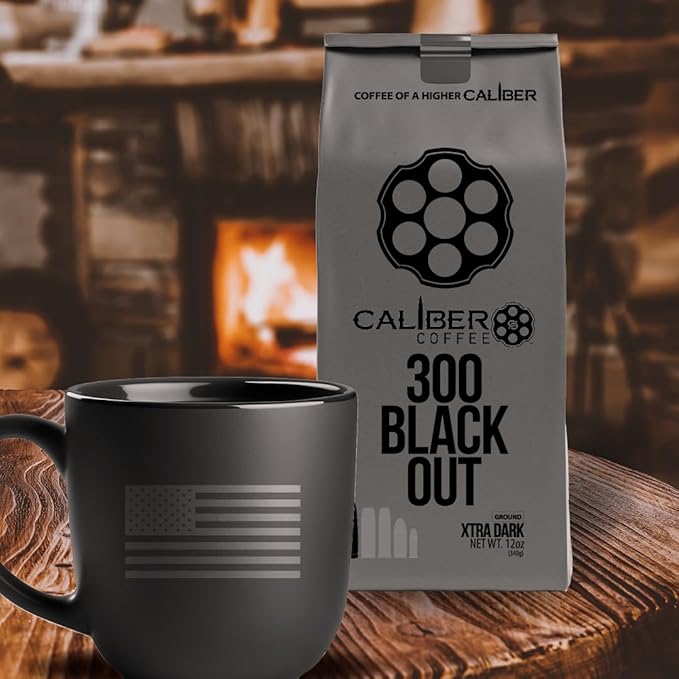 Caliber Coffee 300 Blackout Ground Dark Roast – Bold Caramel Sweet Finish Red Fruit Flavors – 100% Artisan Roasted Arabica Coffee – Small-Batch Hand-Crafted – Veteran Owned – 12oz Bag
