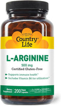 Country Life L-Arginine Caps with Vitamin B-6 500mg 200 Vegan Capsules Certified Gluten Free Certified Vegan