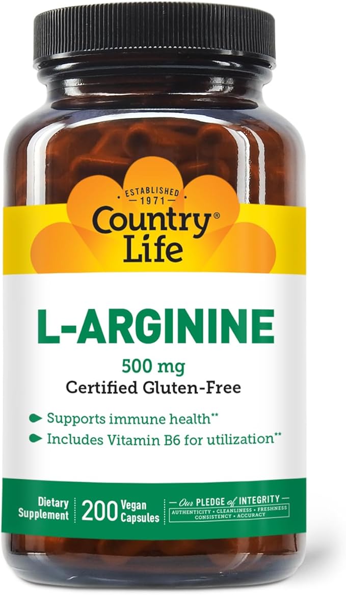 Country Life L-Arginine Caps with Vitamin B-6 500mg 200 Vegan Capsules Certified Gluten Free Certified Vegan