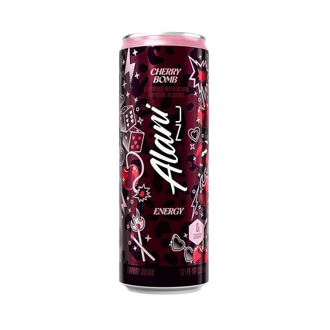Alani Cherry Bomb Strawberry Sunrise Cotton Candy Energy Drink Sugar Free Low Calorie Energy Drinks - 12 fl oz Can 6 Pack