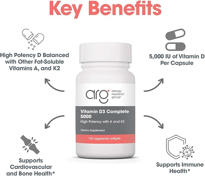 Allergy Research Group Vitamin D3 Complete 5000 - Delivers 125 mcg Vitamin D3 - with Vitamin A &amp K2 - Supports Bone Strength Immune Balance &amp Healthy Mindset - 120 Servings - 120 Capsules