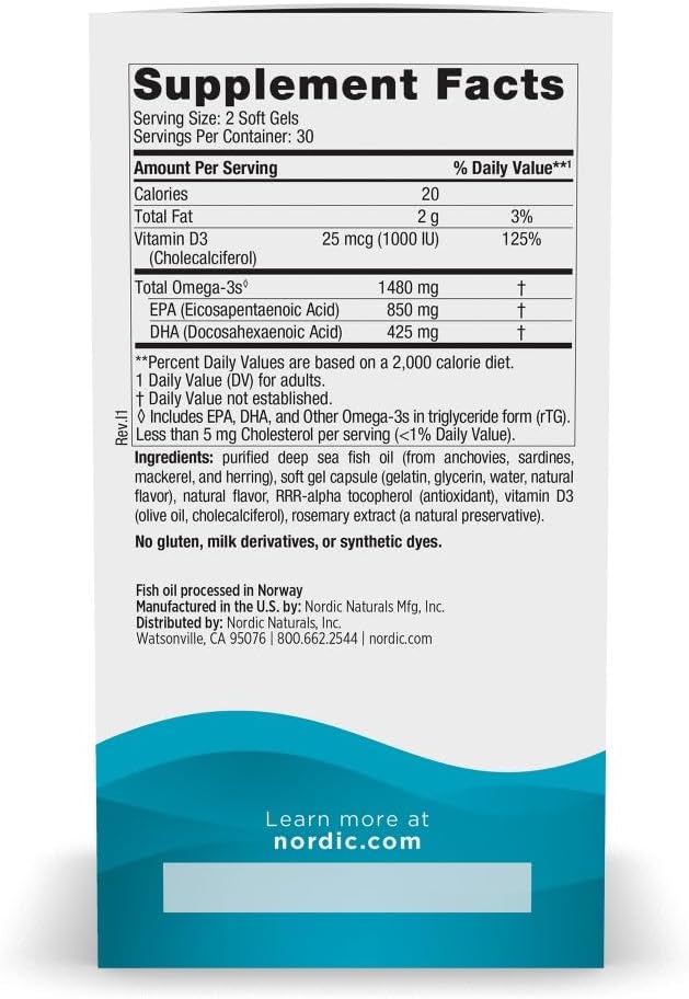 Nordic Naturals Ultimate Omega Xtra Lemon Flavor - 60 Soft Gels - 1480 mg Omega-3 + 1000 IU Vitamin D3 - EPA &amp DHA - Brain Heart &amp Immune Health - 30 Servings