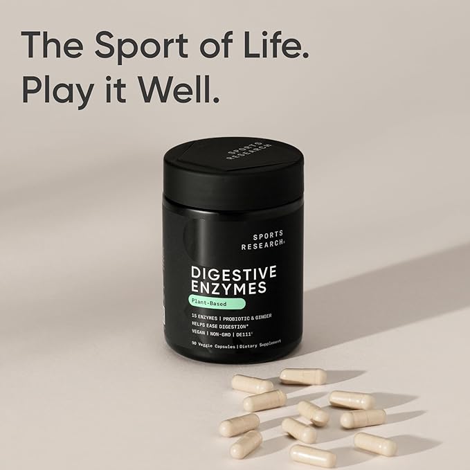 Sports Research Digestive Enzymes with Probiotics &amp Ginger - Plant Based for Dairy Protein Sugar &amp Carbs - Non-GMO Verified &amp Vegan Friendly (90 Veggie Capsules)