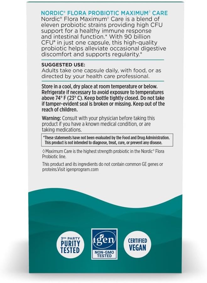 Nordic Naturals Nordic Flora Probiotic Maximum Care 30 Capsules 11 Probiotic Strains for Daily Immune and Digestive Health Support Vegan 30 Servings
