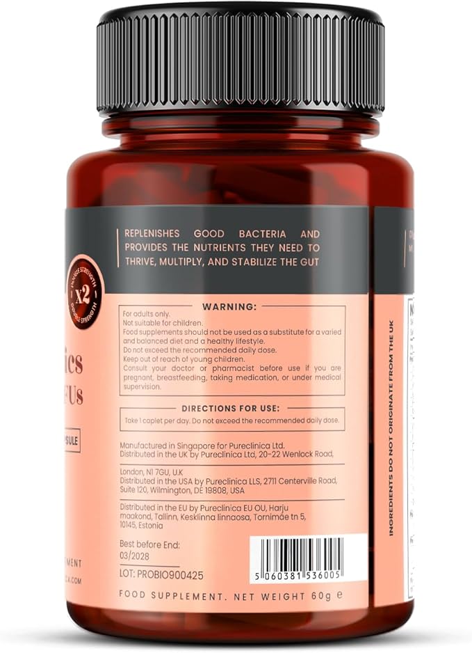 pureclinica 65 Billion CFU Probiotic Supplement x 90 Capsules – 14 Strains with Prebiotics &amp Postbiotics – 3 Month's Supply