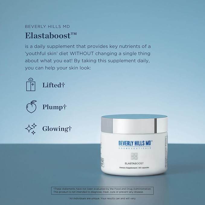 Beverly Hills MD Elastaboost Dietary Supplements for Aging Skin- Elastin Supporting Formula for Lifted Firmer Skin w/Hydrolyzed Elastin Hyaluronic Acid Vitamin C Phytoceramides (60 Capsules)