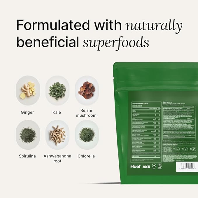 Huel Daily Greens Bundle | Lemon &amp Ginger Daily Greens Bag + Bottle | 30 Servings | Superfood Greens Powder | 91 Vitamins Minerals and Wholefood-Sourced Ingredient