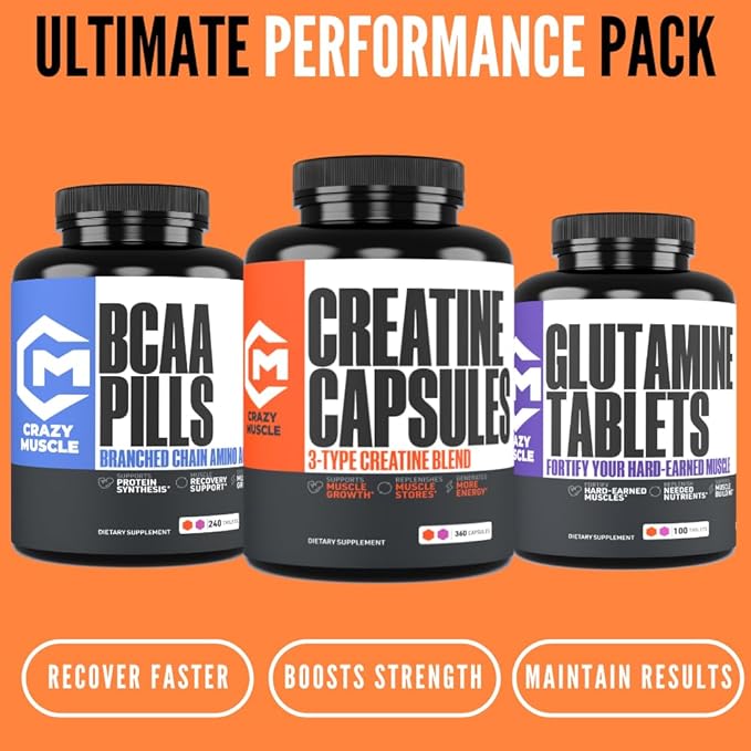 Crazy Muscle Creatine Capsules 5g of Premium 3X ThreeAtine Pre Workout Bulk Mass Gainer High Absorption Easy to Take Creatine Monohydrate Optimum Performance for Men Women 360 Capsules