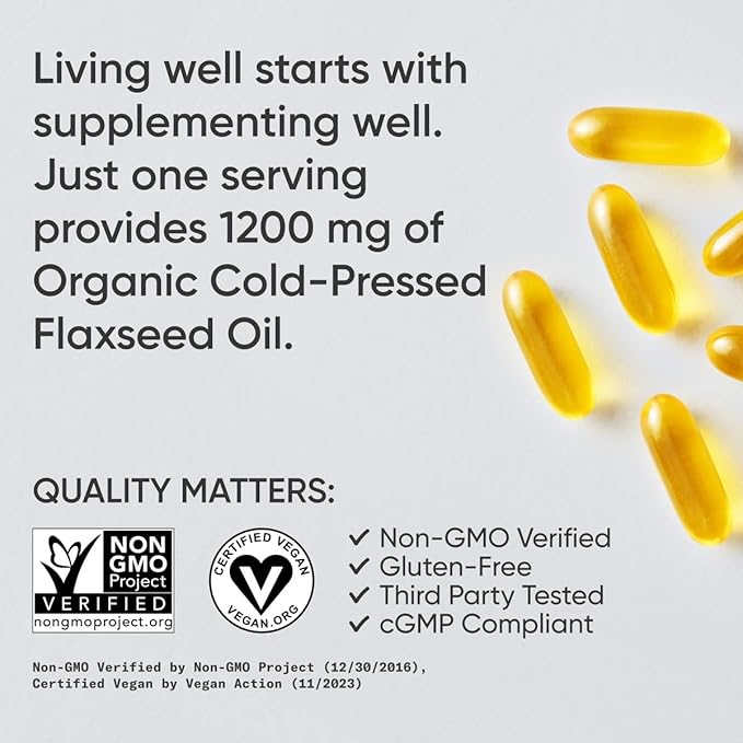 Sports Research Vegan Flaxseed Oil (1200mg) Herbal Supplement with Plant-Based ALA Omega 3 - Vegan Certified &amp Non-GMO Verified - Gluten Soy &amp Carrageenan Free (180 Veggie Softgels)
