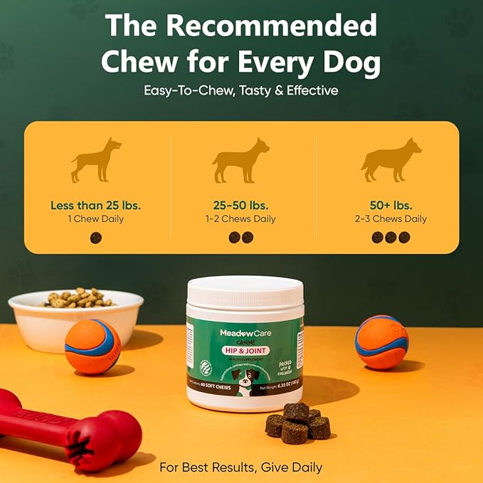 Hip and Joint Supplement for Dogs | MSM Chondroitin &amp Glucosamine for Dogs | Supports Bone Cartilage &amp Connective Tissue Health | Dog Joint Supplement | 60 Soft Chews180 g (6.35 oz) | Meadow