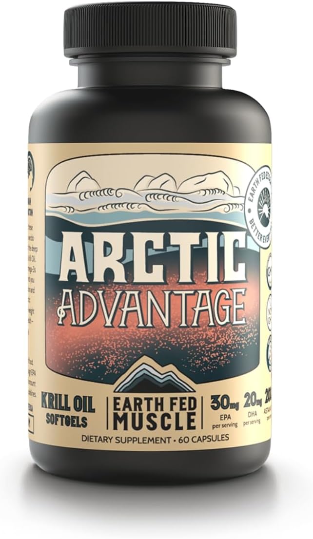 Earth Fed Muscle Arctic Advantage Krill Oil 500mg softgels Omega-3 DHA &amp EPA for Heart Brain Eye &amp Joint Health Support No Fishy Aftertaste Non-GMO Gluten-Free Antartic Krill Oil - 60 Ca