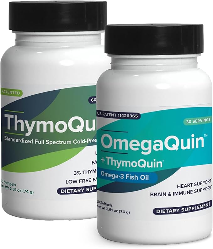Super Health Dietary Supplement Pack of OMEGAQUIN Combo Pack of 3% Thymoquinone &amp Omega 3 for Heart Brain Skin Joints Metabolic &amp Immune Health | Vegan Non-GMO Softgels 1 Pack Each
