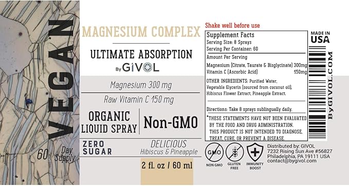 Tri Magnesium Complex - Magnesium Biglycinate Citrate &amp Taurate Liquid Spray 300mg w/Raw Vitamin C for Body Decompression - Hibiscus &amp Pineapple Flavor 2 Fl Oz (60 ml) - 60 Day Supply