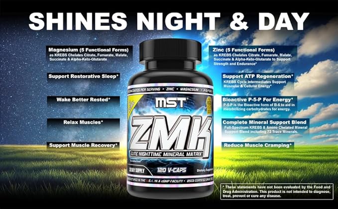MST ZMK (Zinc &amp Magnesium as Krebs Chelates (as Citrate Fumarate Malate Succinate Alpha-Keto-Glutarate. With Mineral Support Blend &amp Trace Minerals. Support ATP Sleep Muscle Recovery 12