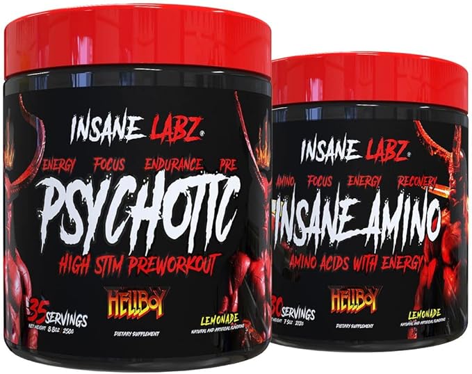 Insane Labz Hellboy Bundle Psychotic Hellboy Pre Workout and Insane Amino BCAA Increase Muscle Mass Strength Focus and Recovery Time Lemonade