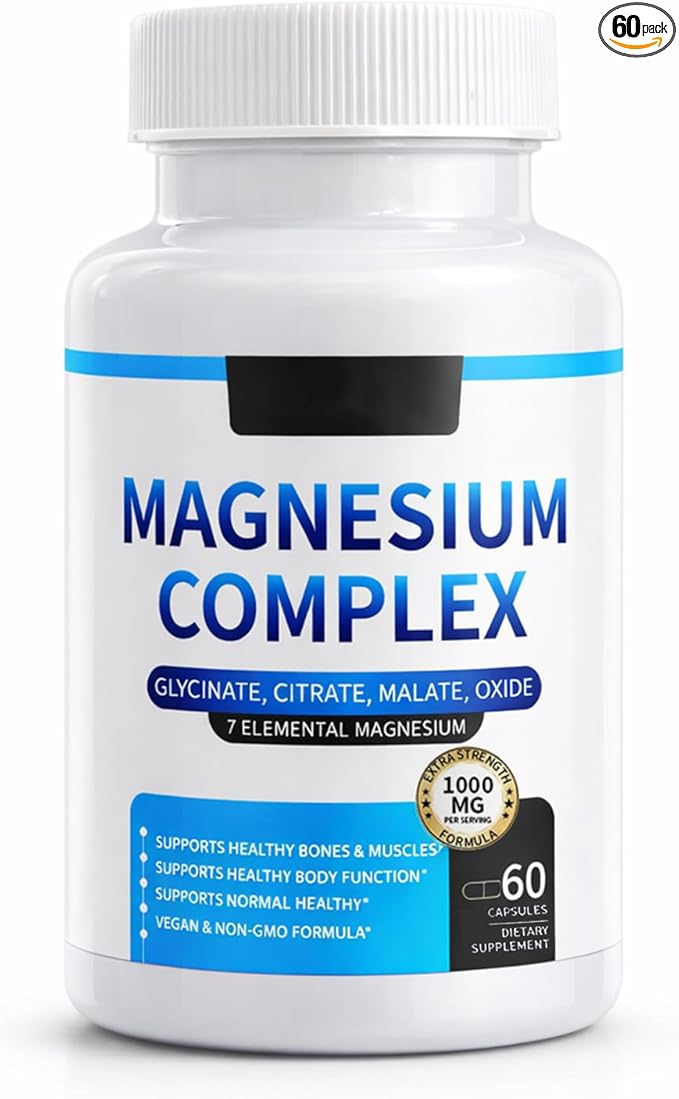 Magnesium Complex for Women &amp Men 1000mg — 7-in-1 Magnesium (Glycinate Citrate &amp Malate) for Sleep Support Stress Relief Muscle Recovery — Vegan 60 Capsules