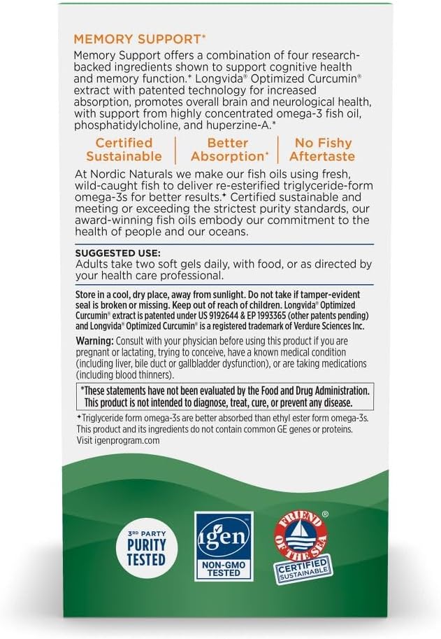 Nordic Naturals Memory Support with Curcumin - 60 Soft Gels - 1000 mg Omega-3 + 400 mg Optimized Curcumin - Memory Cognition - Contains Phosphatidylcholine &amp Huperzine A - Non-GMO - 30 Servings