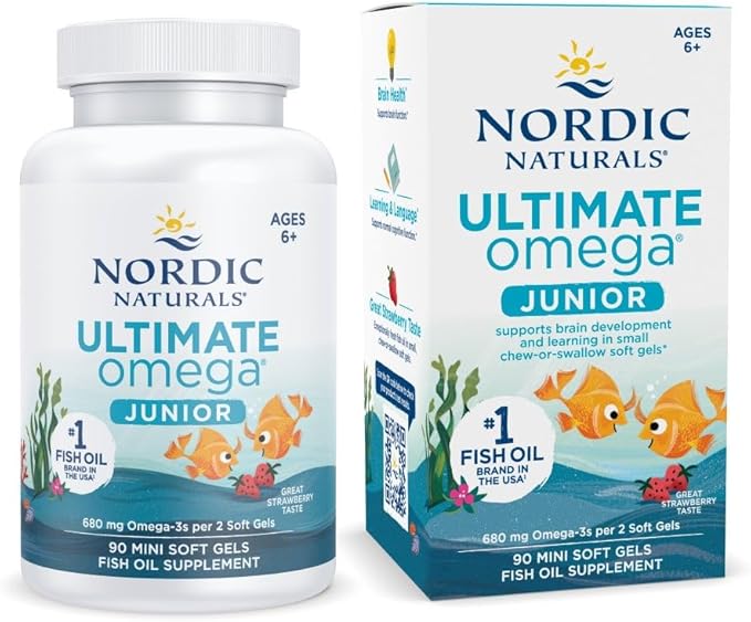 Nordic Naturals Ultimate Omega Jr. Strawberry - 90 Mini Soft Gels - 680 Total Omega-3s with EPA &amp DHA - Brain Health Mood Learning - Non-GMO - 45 Servings