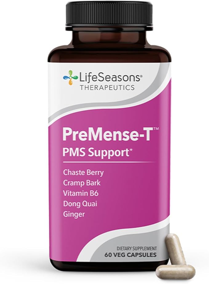 LifeSeasons - PreMense-T - PMS Relief Supplement - Support for Pre-Menstrual Symptoms Cramping &amp Breast Tenderness - Nourish Tissue - Ginger Crampbark Dong Quai Chasteberry &amp Vitamin B6-60 Ca