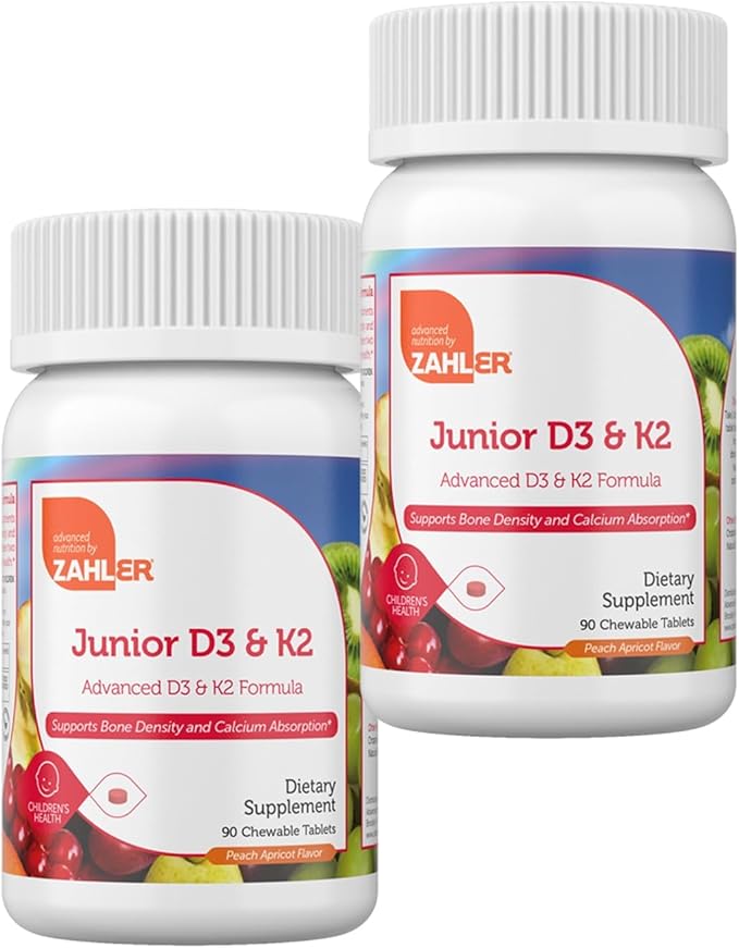 Zahler - Junior Vitamin D3 + K2 Chewable Tablets for Kids| Vitamin D for Kids 2000 IU | Delicious Vitamin D K2 Chews to Support Healthy Bones &amp Teeth - Kosher Less Sugar Than Gummies (2 Pack)