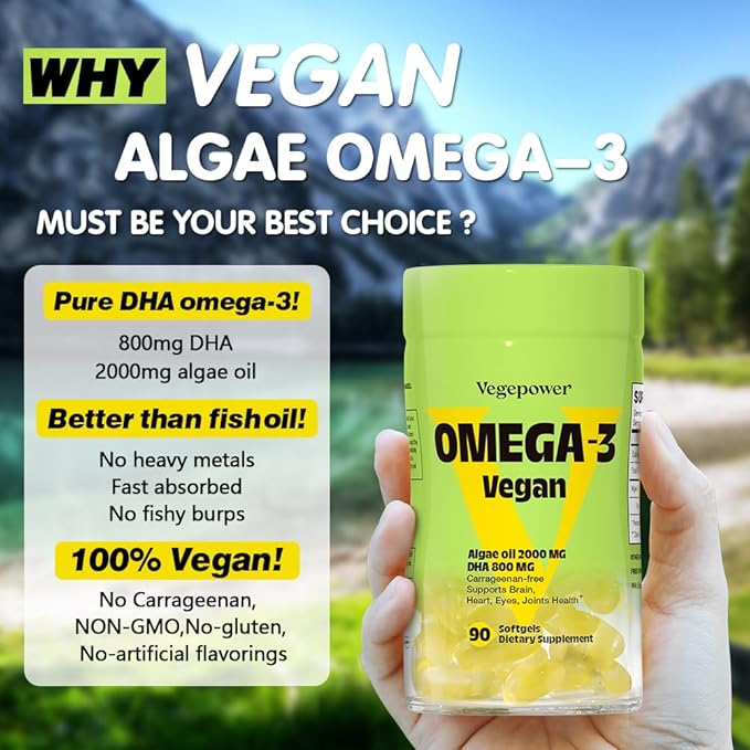 Vegan Omega-3 + Vitamin B12 Gummy | Algae Omega-3 DHA Supplements for Brain Heart Eyes Health | Methyl B12 1000 mcg &amp Vitamin D 5000 IU for Energy and Immune Support - 90 Count