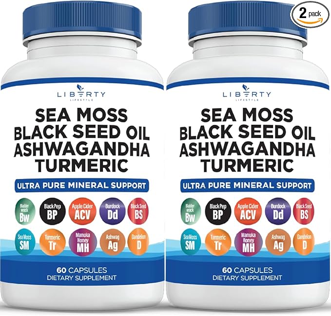 Sea Moss Black Seed Oil Ashwagandha Turmeric Bladderwrack Burdock - with Manuka Honey Dandelion ACV Black Pepper Gluten Free - 2-Pack