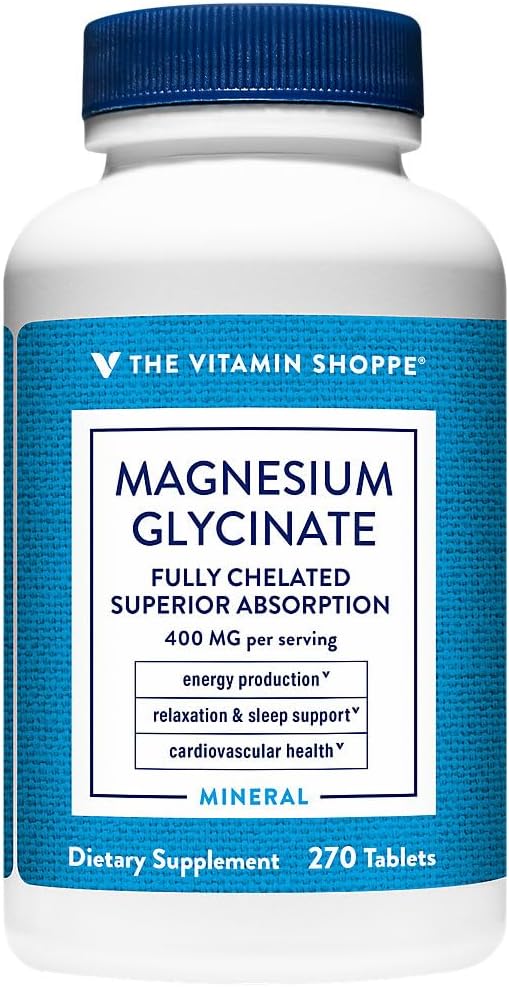 The Vitamin Shoppe Magnesium Glycinate 400 MG Fully Chelated Magnesium for Superior Absorption Supports Energy Production Relaxation &amp Sleep Support Cardiovascular Health Gluten Free 270 Tab