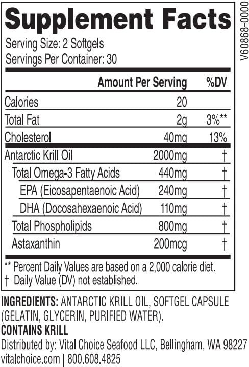 Vital Choice MSC Wild Antarctic Krill Oil Dietary Supplement 60 Softgels