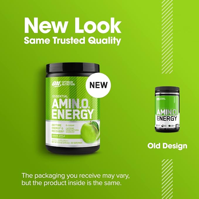 Optimum Nutrition Amino Energy - Pre Workout with Green Tea BCAA Amino Acids Keto Friendly Green Coffee Extract Energy Powder - Green Apple 30 Servings (Packaging May Vary)