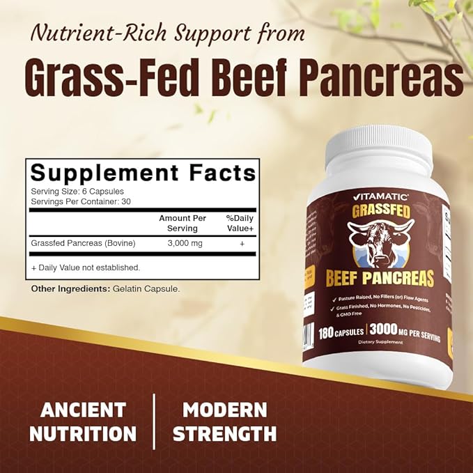 Vitamatic Grass-Fed Beef Pancreas 180 Capsules – Freeze-Dried Non-GMO Bovine Supplement – Pasture-Raised -Based Formula