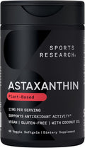 Sports Research Triple Strength Vegan Astaxanthin Supplement from Algae - Plant Based Softgels for Antioxidant Activity Skin &amp Eye Health - Non-GMO Verified Made with Coconut Oil - 12mg 60 Coun