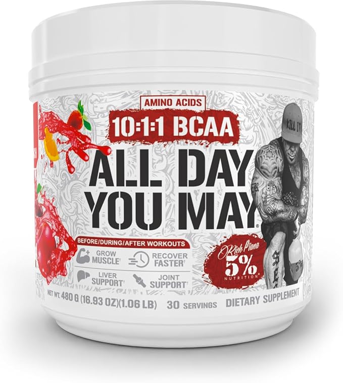 5% Nutrition Rich Piana AllDayYouMay BCAA Powder Premium Intra &amp Post Workout Amino Acids Hydration Endurance Muscle Recovery Joint &amp Liver Support | 16.93 oz 30 Servings (Fruit Punch)
