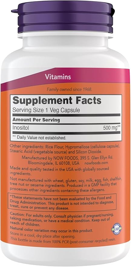NOW Foods Inositol 500 mg Superior Myo Inositol Form for Healthy Membrane Function* Cellular Health* Support for Women* Kosher Suitable for Vegans - 200 Vegetarian Capsules (Pack of 2)