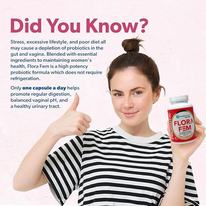 Belle+Bella Probiology Flora Fem - Daily Probiotics for Women - 4X Action Prebiotic + Probiotic + Cranberry + Folic Acid for Digestive Urinary Tract Reproductive &amp Vaginal Health - 60 Caps