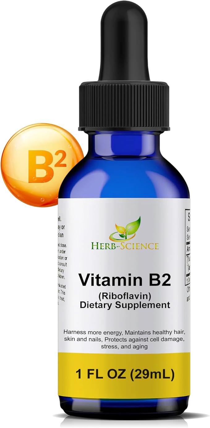 Vitamin B2 Supplement - Riboflavin Drops Liquid Extract - for Headache Relief Natural Energy - Support for Hair Skin Nail HealthCollagen Production - Non-Alcoholic - 1 Fl.oz.