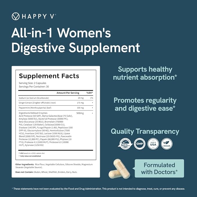 Happy V Debloat + Digest – Digestive Enzymes for Women to Support Bloating Gas Constipation Gut Health and Nutrient Absorption – Stomach Comfort &amp Digestion Support Supplement – 60 Vegan Capsu