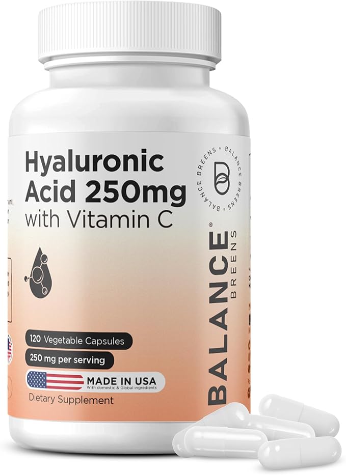 Pure Hyaluronic Acid Supplement 250mg with Vitamin C 50mg 120 Vegan Capsules - Skin Hydration for Natural Glow Hair Nails Bone &amp Joint Health Formula