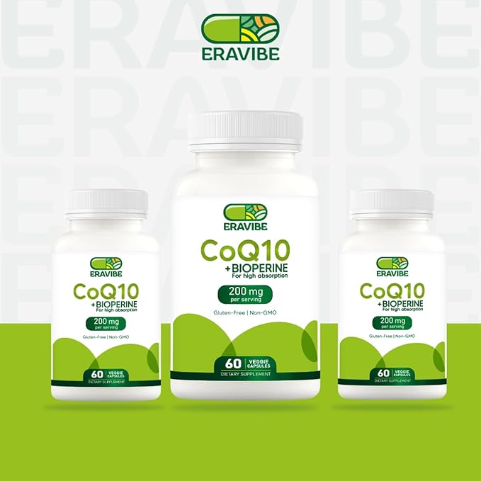 Pure CoQ10 Energy Support High Absorption with Bioperine 200 mg per Serving 60 Veggie Capsules Gluten-Free Non-GMO