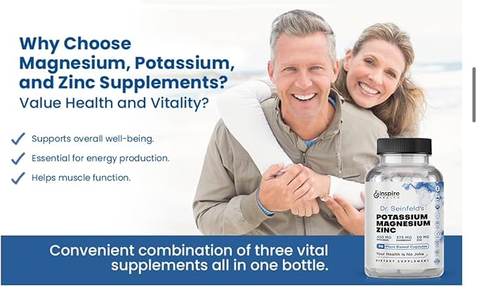 Magnesium Potassium Supplements w/Zinc - 90 Capsules - Magnesium Potassium Zinc for Vascular Health – High Absorption Vegan Supplement for Leg Cramps &amp Sleep Dr Seinfeld