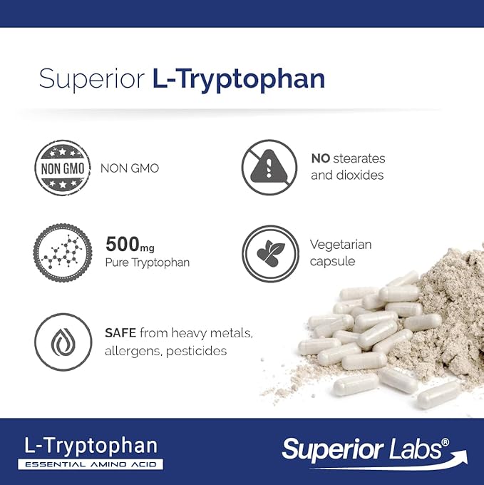 Superior Labs L-Tryptophan 500 mg Capsules Pure Non-GMO Amino Acid High Absorption Supports Sleep and Mood Helps with Occasional Stress PMS Support 120 Veg Caps