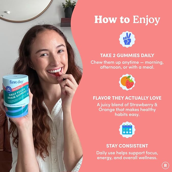 FIRST DAY Women’s Brain Gummies for Focus Memory &amp Clarity | Cognizin® Citicoline + Phosphatidylserine | Natural Sustained Energy Peach Flavor Vegan Non-GMO | 30-Day Supply